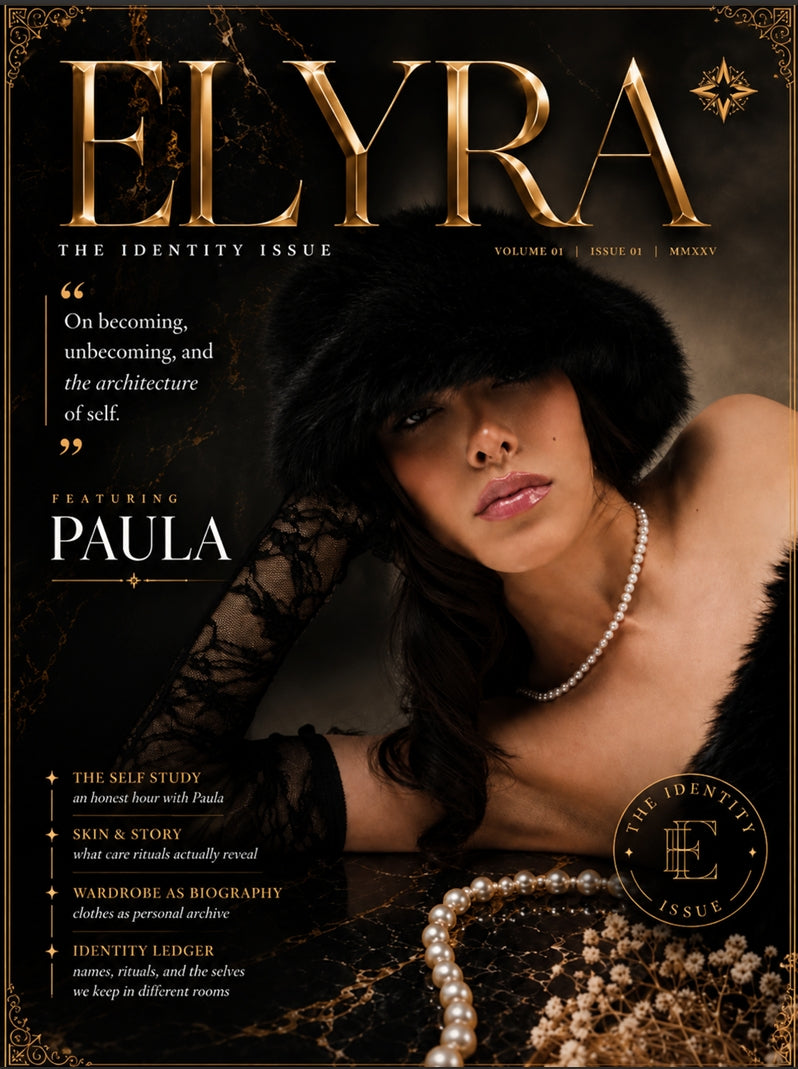 Cover of ELYRA magazine, The Identity Issue, featuring a model in a black fur hat and black lace dress with pearl necklaces and bracelets against a dark background.